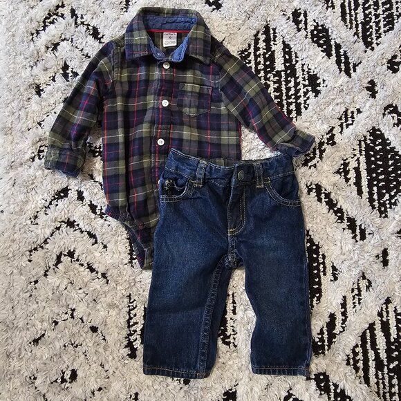 Carter's Baby Boy 2 piece Flannel Plaid Bodysuit and Jeans 6 months - Picture 1 of 7